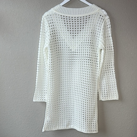 Women's Unbranded Off White Long Sleeve Open Knit Swim Coverup Dress Size Small - Picture 4 of 11